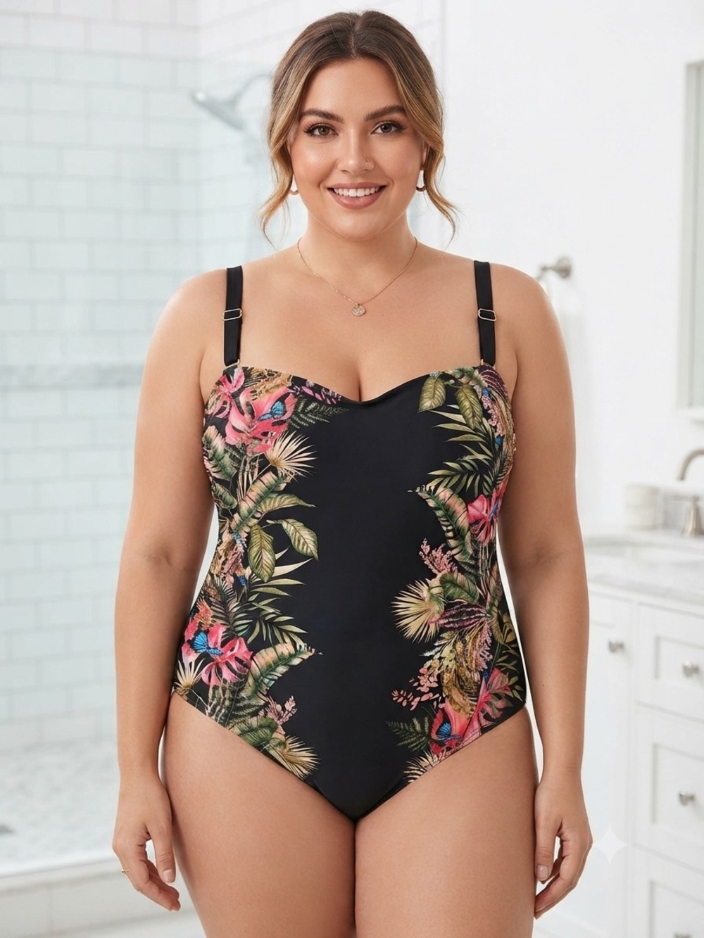 Sofia by Sofia Vergara Black Tropical Floral One-Piece Swimsuit